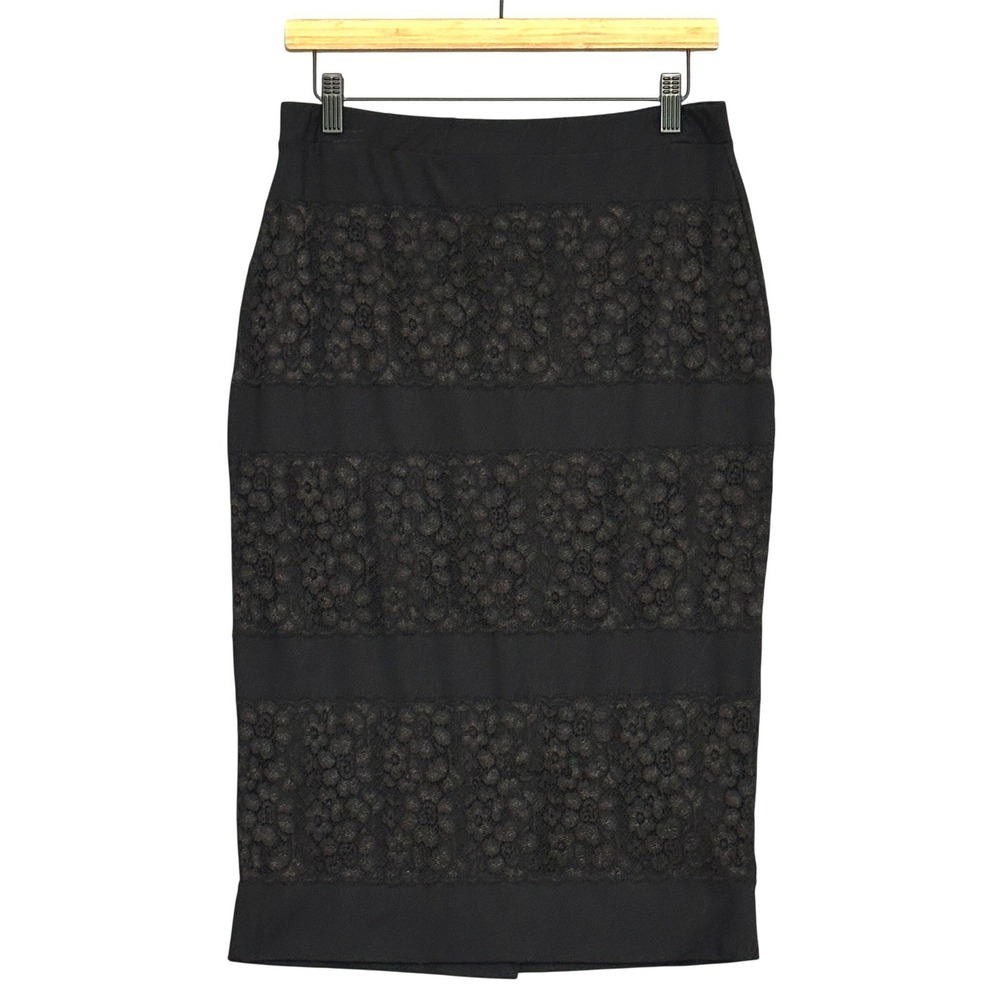 Bebe Womens Skirt L Black Lace Striped Pencil Midi Bodycon Goth Chic Coquette